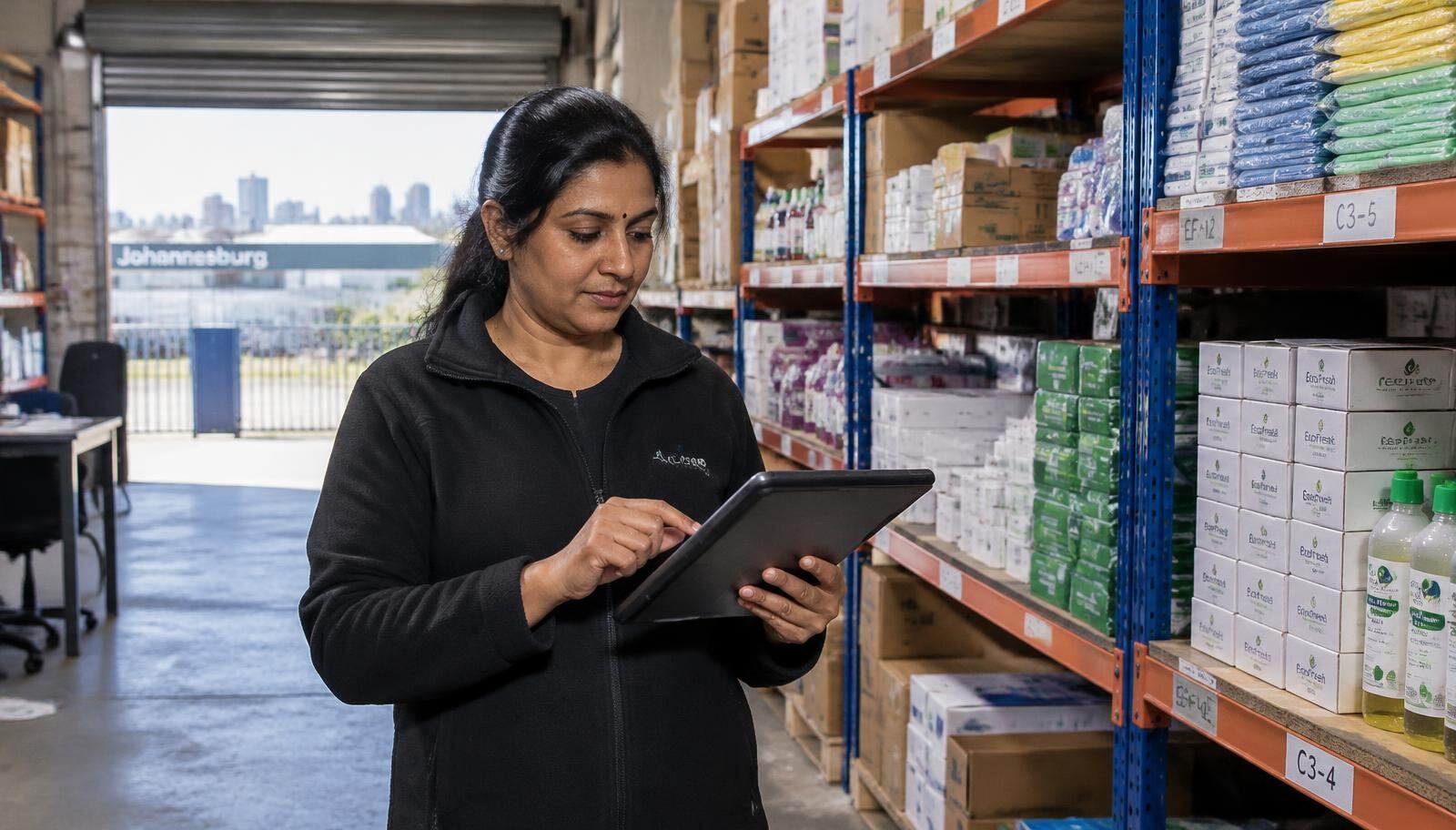 Business owner checking stock levels on a tablet in her Johannesburg warehouse