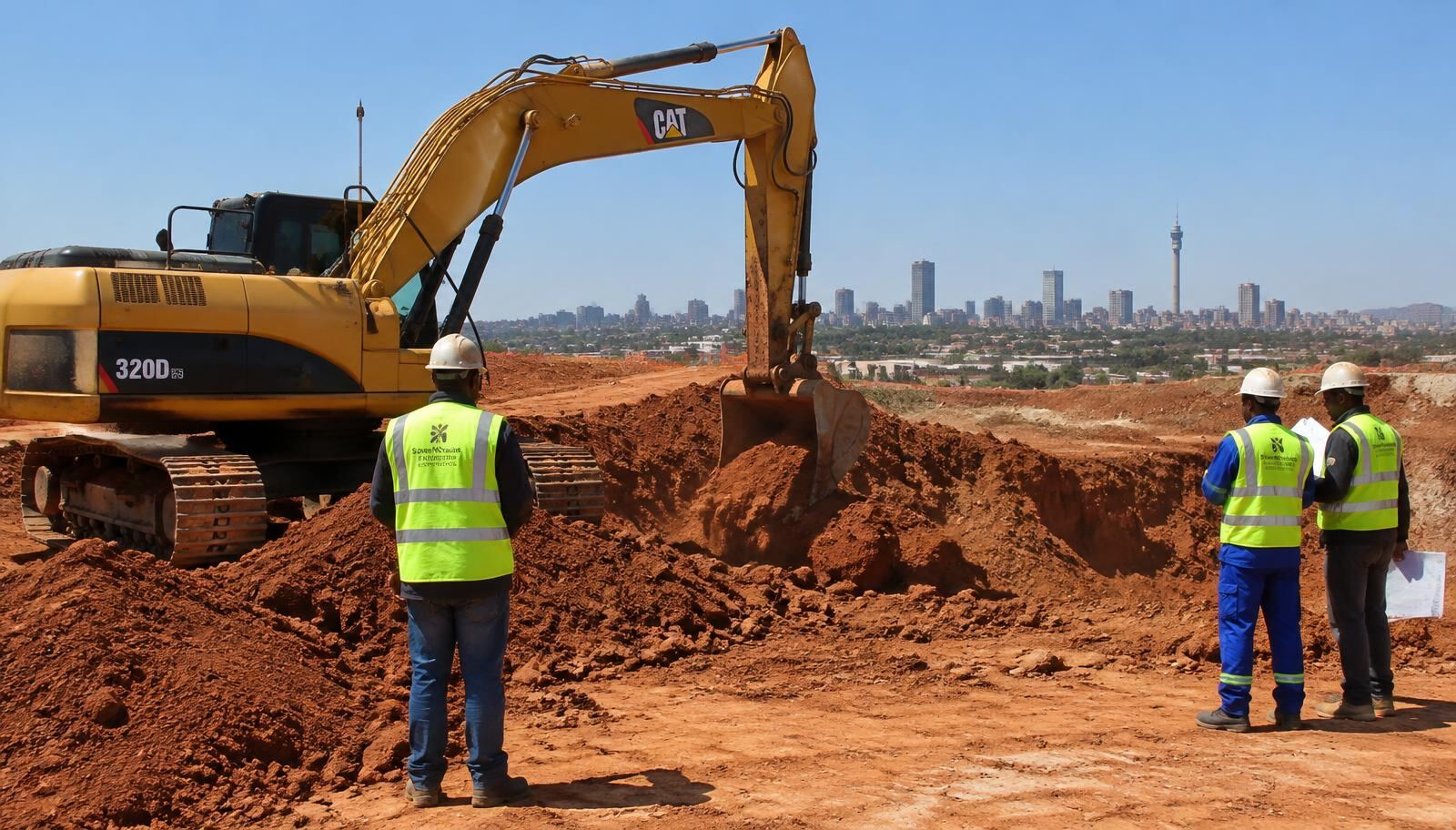 Engineering contractors beside an excavator on a Johannesburg construction site
